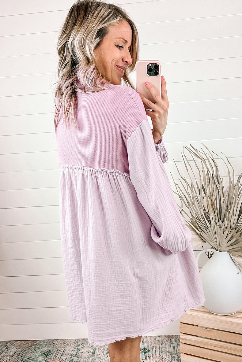 Early Autumn Thin Type Patchwork Pleated Long Sleeve Dress Women Casual High Waist Knee Length Short Dress Women