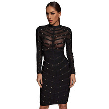 欧美女装重工打钉透视网纱长袖礼服绷带连衣裙名媛派对紧身短裙