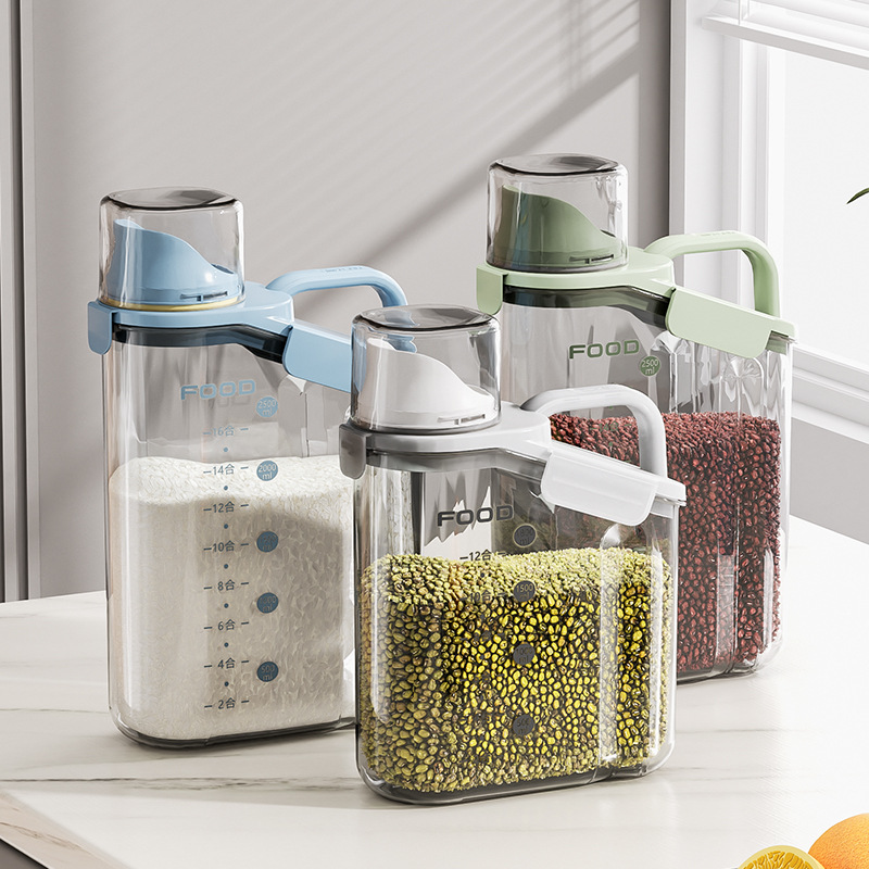 almacenamiento de cocina con taza de medición para alimentos domésticos granos gruesos tanque de almacenamiento barril de arroz granos gruesos tanque de sellado a prueba de humedad transparente