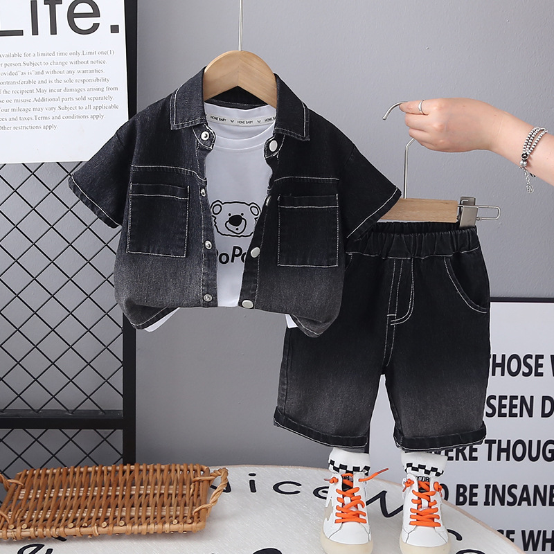 Denim skirt, black set, with short sleeve, 3 piece set