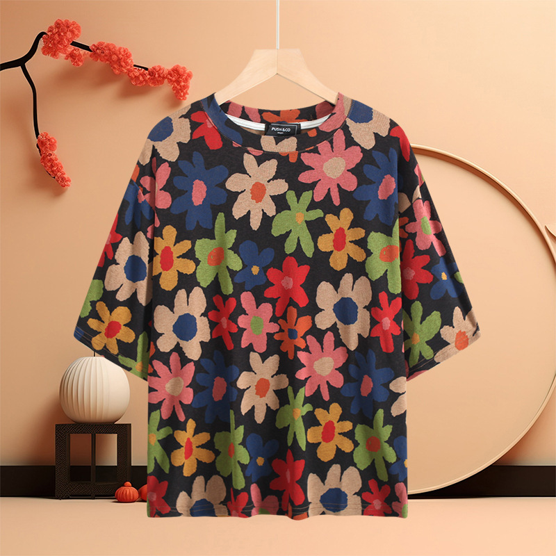 Dropshipping 2025 New Fashion European and American Women's Spring and Summer Three-Quarter Sleeve Round Neck Pullover Colorful Printed T-Shirt