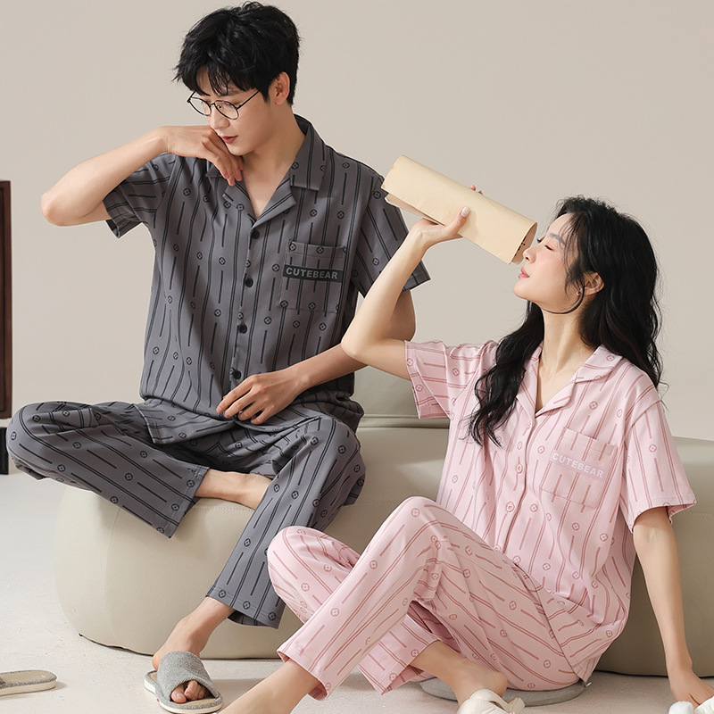여름 패션 캐주얼 퓨어 코튼 커플 파자마 여성용 카디건 반팔 바지 한국식 퓨어 코튼 땀 흡수 남성용 홈 의류
