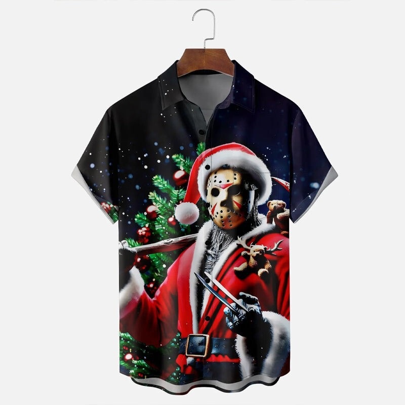 Streetwear 2026 New Soft and Skin-Friendly Men's Short-Sleeve Collared Shirt with Dark Christmas Print and Pockets Streetwear 2026 New Soft and Skin-Friendly Men's Short-Sleeve Collared Shirt with Dark Christmas Print and Pockets