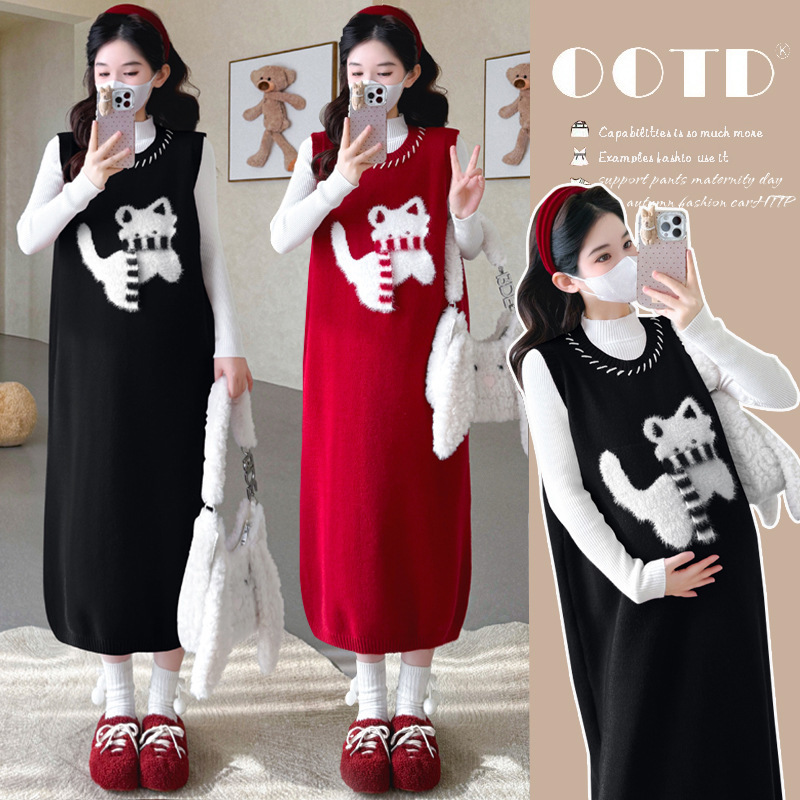 Maternity Two-Piece Set 2026 Winter New Korean Fashion Christmas New Year Red Kitten Vest Skirt Bottoming Suit