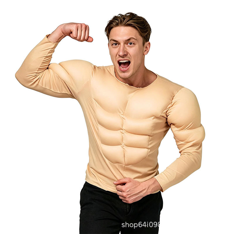 Halloween Muscle Costume Cosplay Abdominal Muscle T-Shirt Party Performance Outfit Cross-Border Realistic Male Fake Macho Man