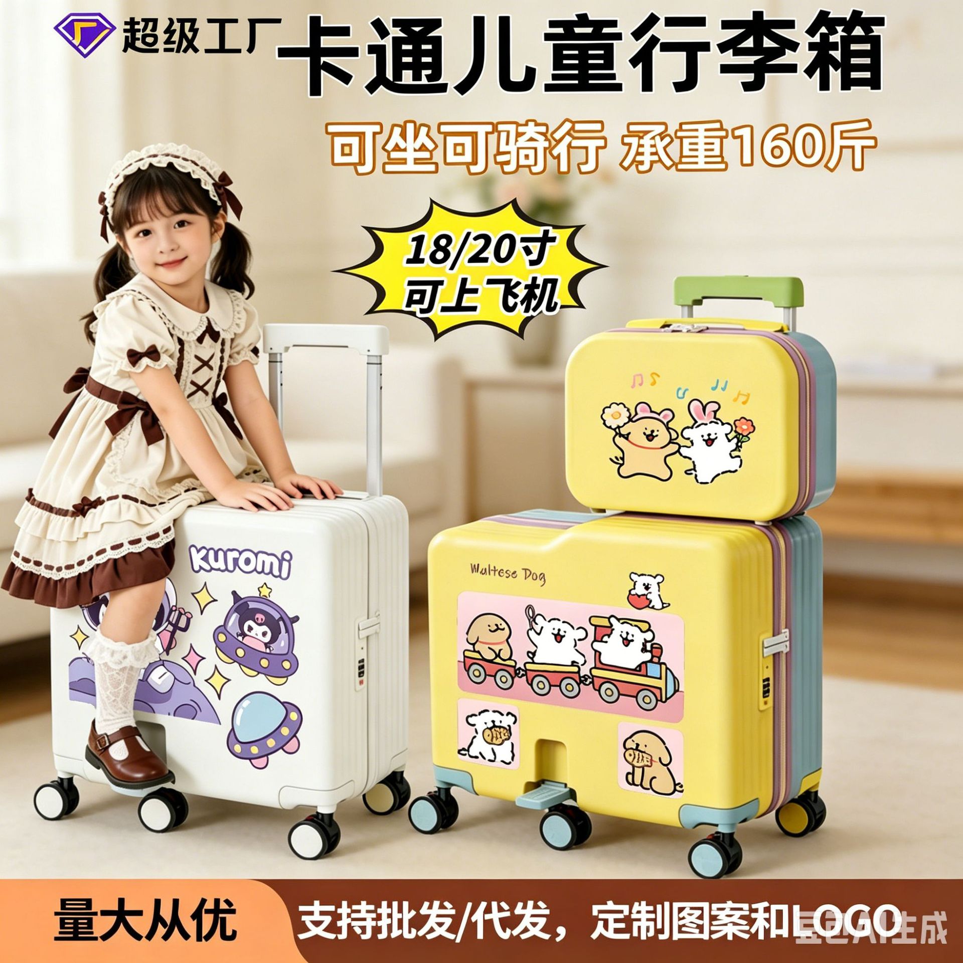 Wholesale Custom-Made Children's Cycling Luggage Suitcase with Wheels, Suitable for Travel with Kids, Can Be Taken on the Plane, with Universal Wheels and Combination Lock