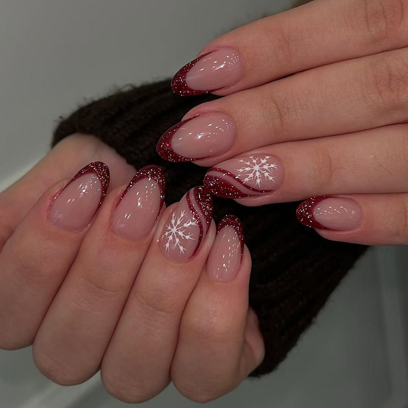 Christmas press-on nails, medium almond shape, red glitter French nails with snowflake lines, European and American style, 24-piece set of fake nails