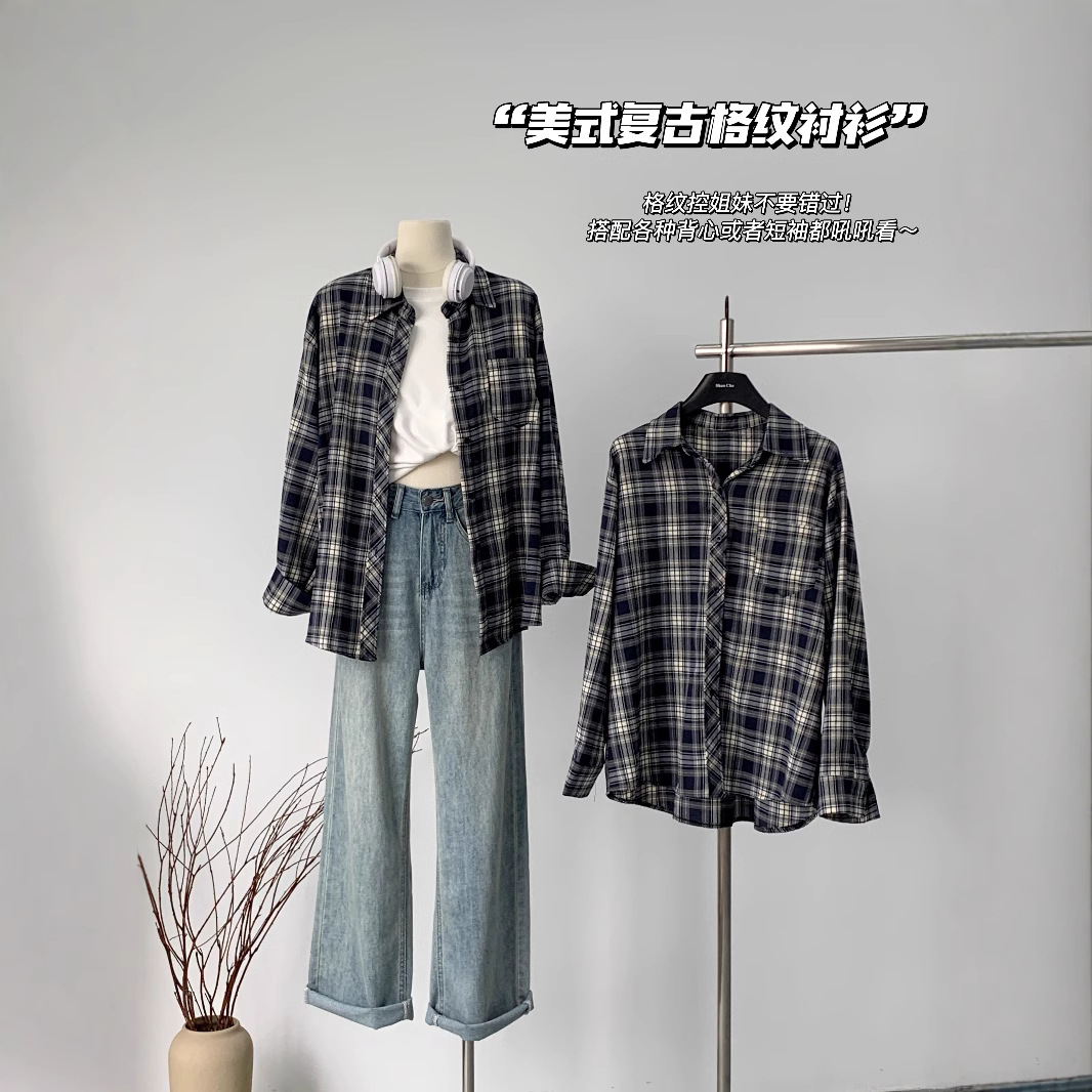 통근자 전문 통근자 여성 복고풍 스타일 이른 가을 셔츠 현대 격자 무늬 외부 착용 여성 내부 셔츠