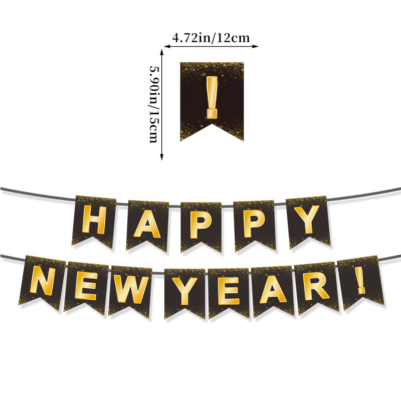2025跨境黑金新年快乐横幅跨年晚会布置烟花干杯横幅拉花批发定制|undefined