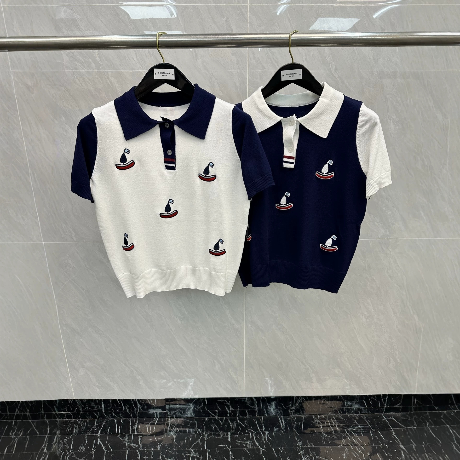 TB Factory Direct Sales Summer Women's Fresh French Sailboat Embroidery Color Block Lapel Short Sleeve Knit
