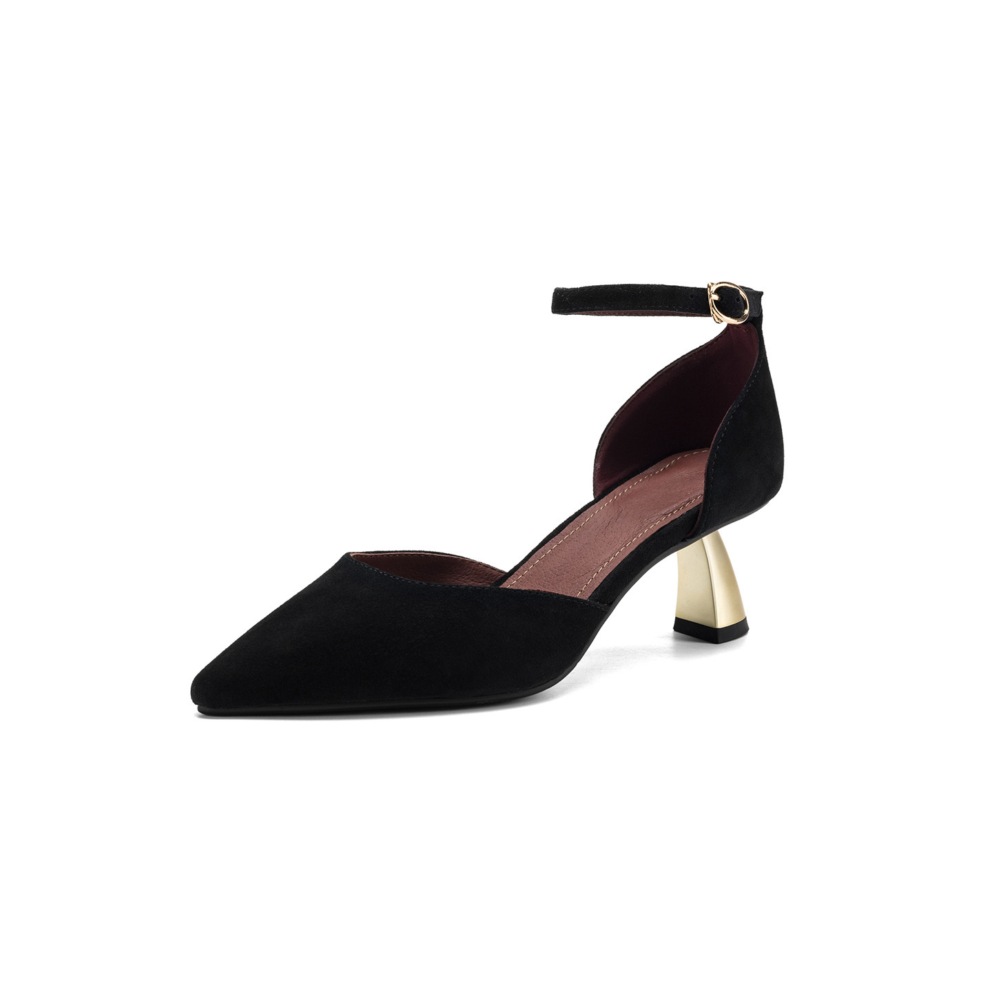 Sandal nữ da cừu mũi nhọn quai ngang gót cao 7 cm — đen
