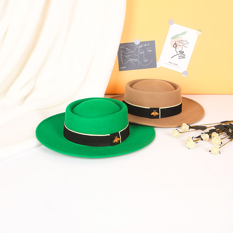 Sombrero de otoño e invierno lana pura cóncavo-cúpula convexa 8cm ala ancha sombrero de lana sombrero de fieltro de moda británica europea y americana al por mayor
