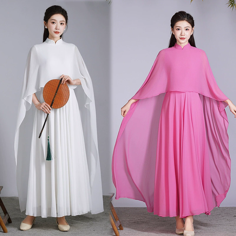 Китайский ветер шифоновый воротник плащ фея дзен чай костюм поддельные два платья элегантное длинное платье танцевальное шоу