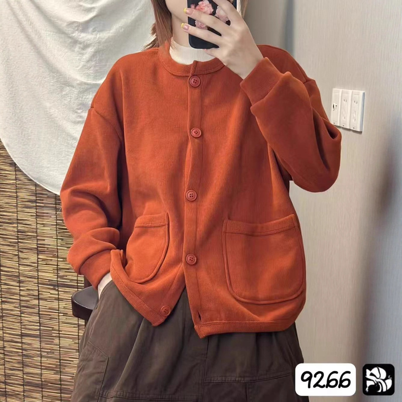 CO秋冬款韩版宽松简约圆领双口袋加绒休闲外套百搭保暖上衣女9266|undefined