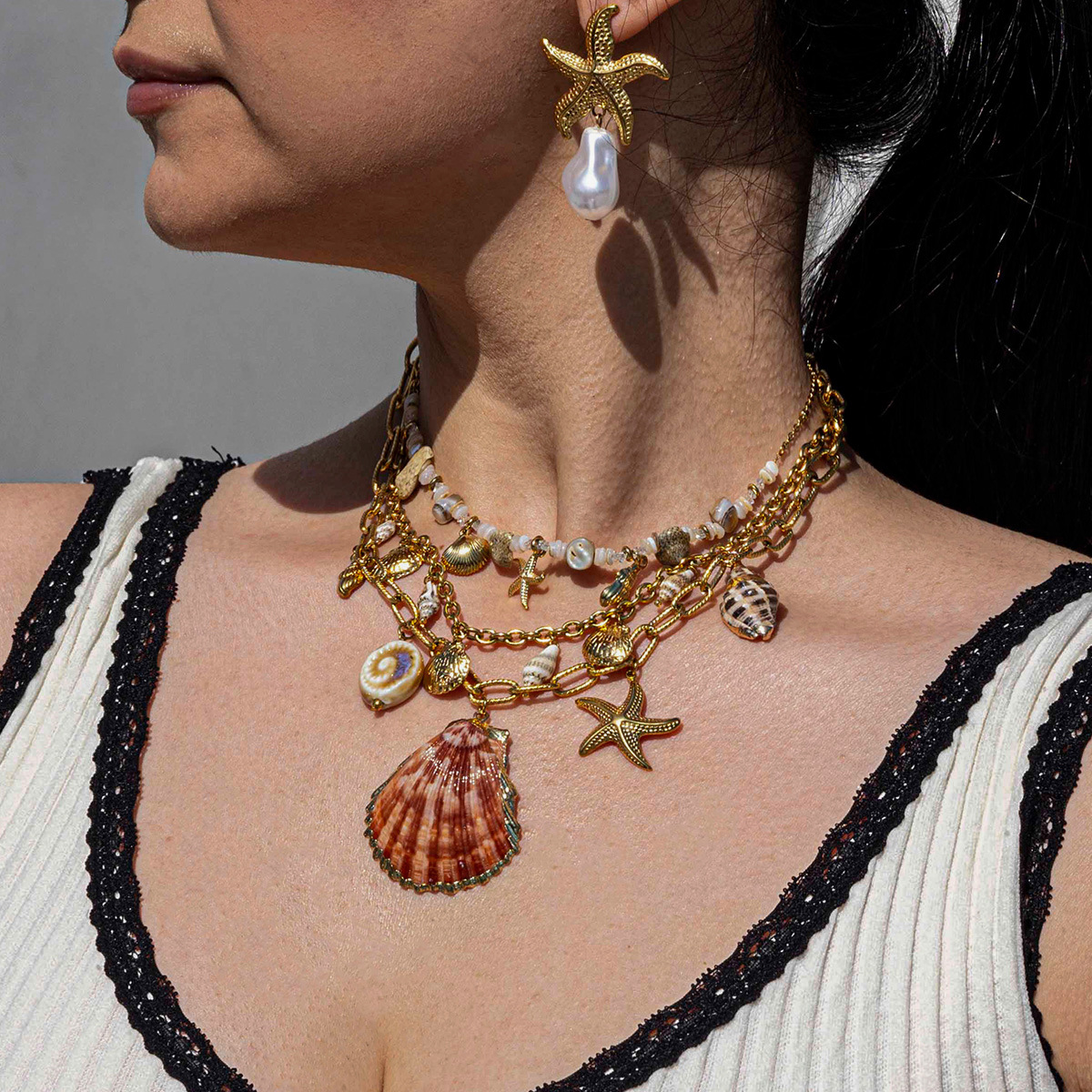 Tena collar de acero inoxidable europeo y americano de lujo ligero collar de concha marina de nicho vacaciones playa cadena de clavícula estilo explosivo transfronterizo