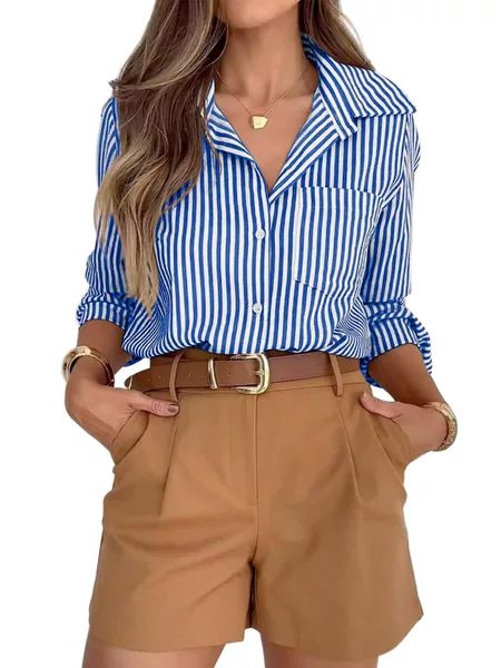Women's Striped Button-Down Shirt Dress, Long Sleeve, Casual, Collared, Office Work, with Pockets, French Style, Commuting