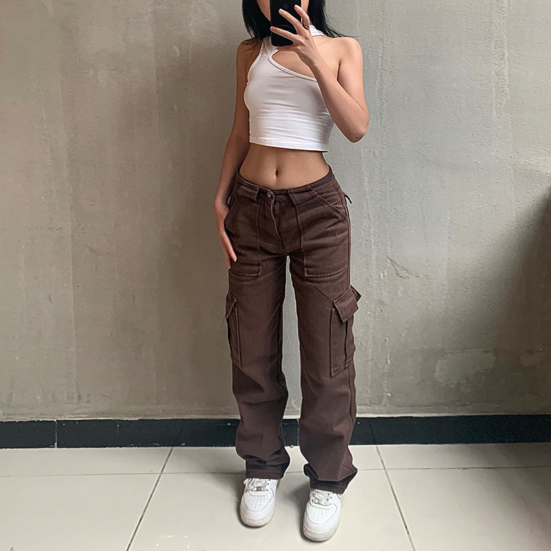 AliExpress Amazon Brown large pocket workwear style jeans vintage American hot girl wide leg pants trousers