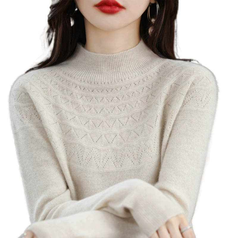 Woolen demi-season sweater, knitted warm long-sleeve, high collar