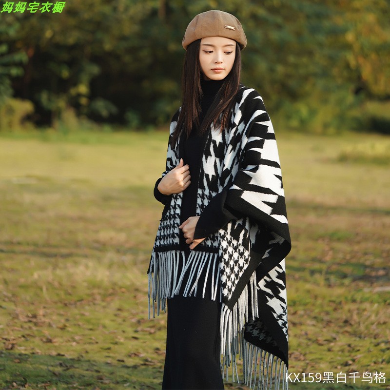 Chaqueta de abrigo de capas de bordas a cuadros franceses de otoño para mujeres con un pequeño chal de lana con una bufalla de abrigo grueso