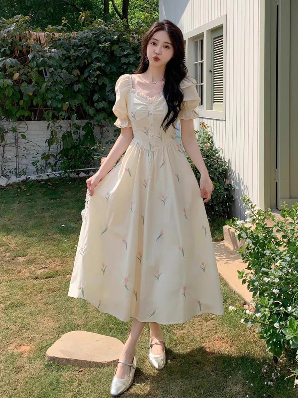 プラスサイズのハイウエストパフスリーブフレンチロングスカート、太った女性用、小ぶり、フレッシュでスイートなスリムドレス、ペアシェイプスカート|undefined