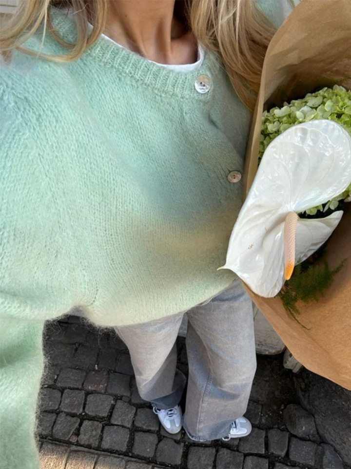 Áo cardigan len dệt kim dáng mỏng nhẹ cài nút một hàng, tay dài cổ tròn nữ — hoa hồng đỏ, màu be, màu cam, màu hoa cà chi tiết 5