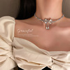 Fashionable necklace and earrings with bow, bracelet, set, European style, diamond encrusted