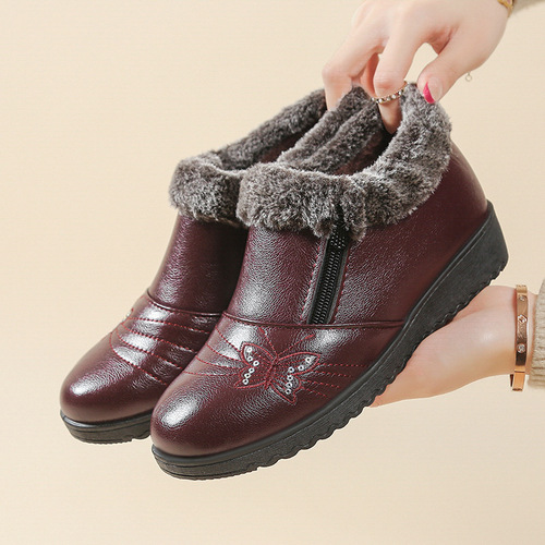Old Person's Cotton Shoes, Mother's Shoes, Winter Fleece Padding Flat Slip-Resistant Soft Sole Cotton Shoes, Low-Top Leather Cotton Shoes for Middle-Aged and Elderly Women in Winter