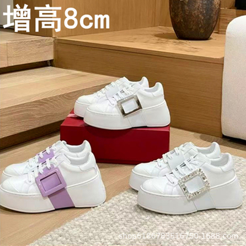 Top Version Rv Genuine Leather Thick-Soled Square Buckle White Sneakers for Women, Height-Increasing Versatile Rhinestone Flat Platform 8cm Sports Casual Shoes Top Version Rv Genuine Leather Thick-Soled Square Buckle White Sneakers for Women, Height-Increasing Versatile Rhinestone Flat Platform 8cm Sports Casual Shoes