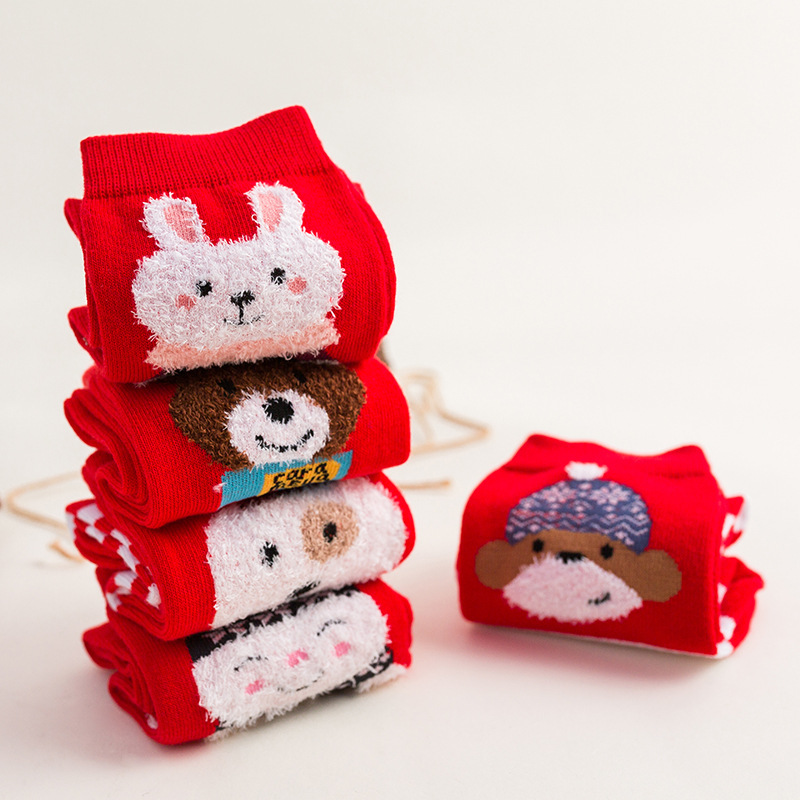 Calcetines de algodón de color puro calcetines de moda de dibujos animados a rayas de oso de media pantorrilla de mujer Festival de Primavera Año Nuevo rojo cumpleaños año festivo Calcetines