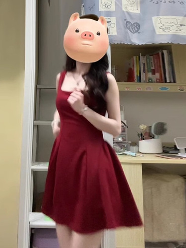 French-style cinched waist halter dress for women, summer red A-line skirt with a sleek, sophisticated design and a high-end vibe.