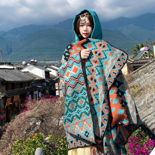 Factory Direct Sales New Autumn and Winter Knitted Slit Large Shawl Ethnic Style Warm Outer Hooded Cloak Wholesale Travel