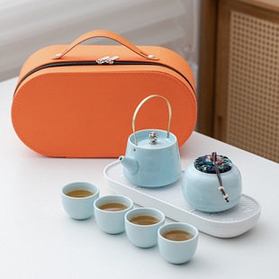 Ru Kiln Coil Pot Travel Tea Set One Pot Four Cups Kung Fu Tea Set Simple Tea Maker Portable Business Gift