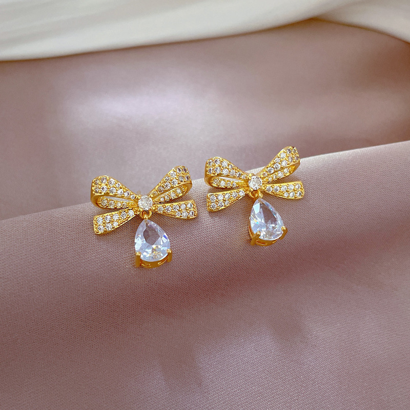 Daily Occasion 304 Stainless Steel, Copper Material PVD Coated Real Gold Plated Water Droplets Bow Knot Titanium Steel Copper Elegant Glam Waterproof Non Tarnish Earrings Necklace