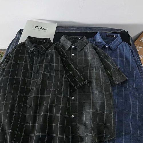 Japanese-style grid shirt for men, summer trend casual stylish loose black short-sleeved shirt for men, thin men's shirt