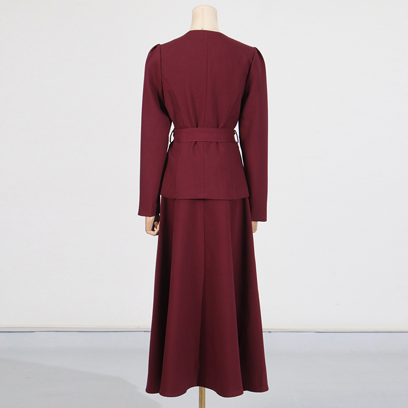 Casual Set Women Autumn Solid Color round Neck Single Breasted Design Slim Skirt Set