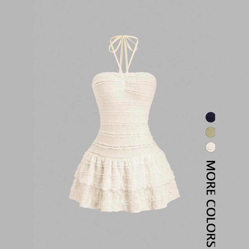 Halter Neck Tie-Up Knitted Cake Dress, Strapless Waist-Cinching Slimming Short Dress, Sexy A-Line Dress, Cross-Border Women's Fashion Halter Neck Tie-Up Knitted Cake Dress, Strapless Waist-Cinching Slimming Short Dress, Sexy A-Line Dress, Cross-Border Women's Fashion