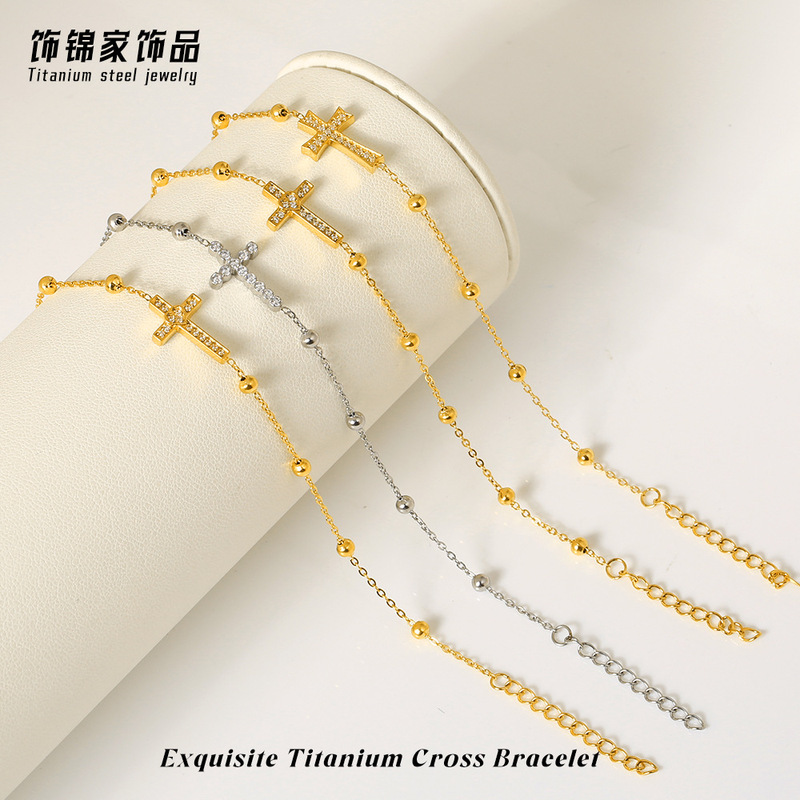 316 Stainless Steel Cross Zircon Bracelet for Girls Light Luxury High-End Gold Millet Bead Bracelet Finished Product Wholesale 316 Stainless Steel Cross Zircon Bracelet for Girls Light Luxury High-End Gold Millet Bead Bracelet Finished Product Wholesale