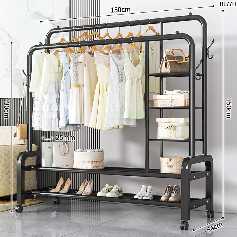 BL77H-25 라운드 코트 랙 더블 로드 더블 사이드 3 레이어 스토리지 네트 4 후크 150 블랙 + 휠