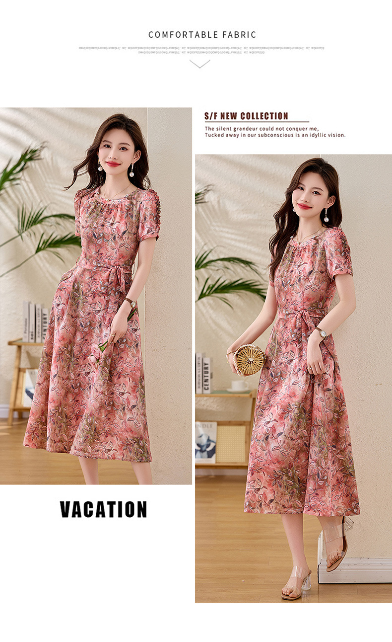 Váy liền hoa maxi nữ thắt eo thanh lịch mùa hè 2025 tay ngắn ôm eo — hoa đỏ, hoa hồng chi tiết 19