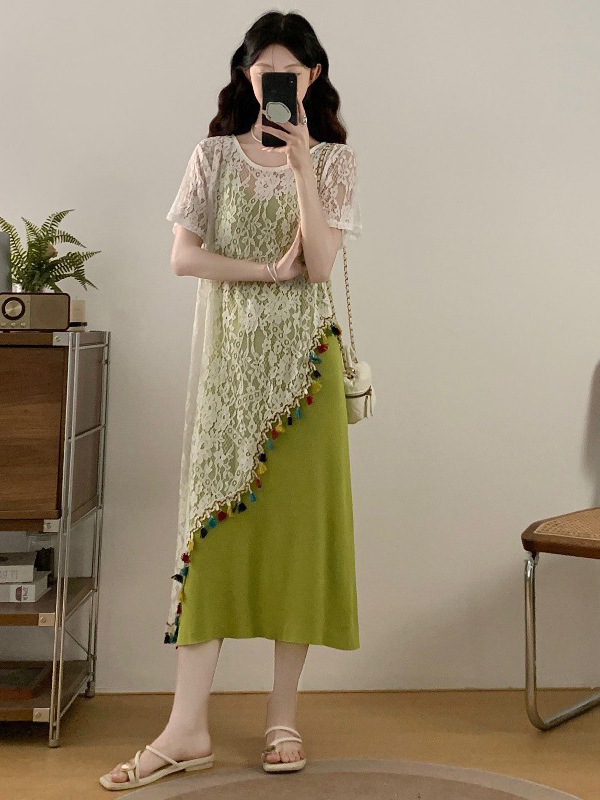 Bohemian Lace Cut Out Blouse Green Suspender Skirt 2025 Summer Plus Size Fat mm Layered Dress Two-Piece Set