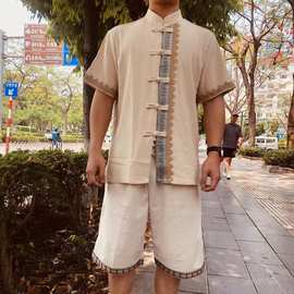 男款上衣傣族复古风泼水唐装云南西双版纳短袖夏季节目主持大码新