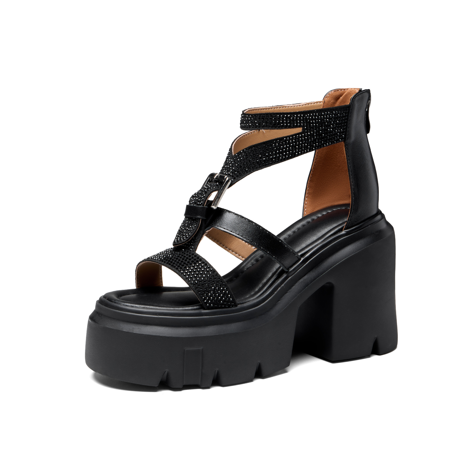 Giày sandal cao gót nữ đính đá gót 12 cm đế xuồng phong cách La Mã — màu đen