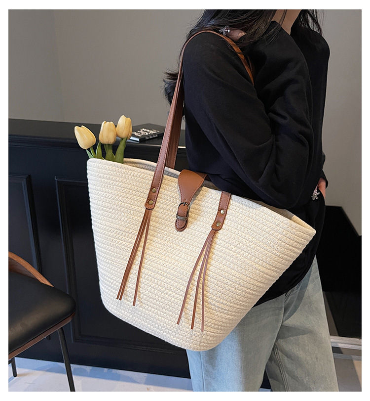 1125g Weight Weave Fashion Element Lock clasp Closure Type Double Shoulder Straps Strap Type Straw Bag Bags Type Casual Occasion cotton rope Material Solid Color Pattern Spring&Summer Season Women's Gender Beach Style Bucket Shape Large Size Women's Large Cotton Rope Solid Color Beach Weave Bucket Lock Clasp Straw Bag 无