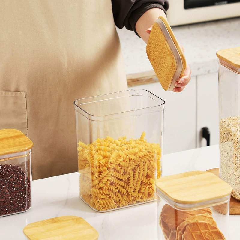 Airtight Square Storage Container with Bamboo Lid, Transparent Plastic, Multiple Capacities