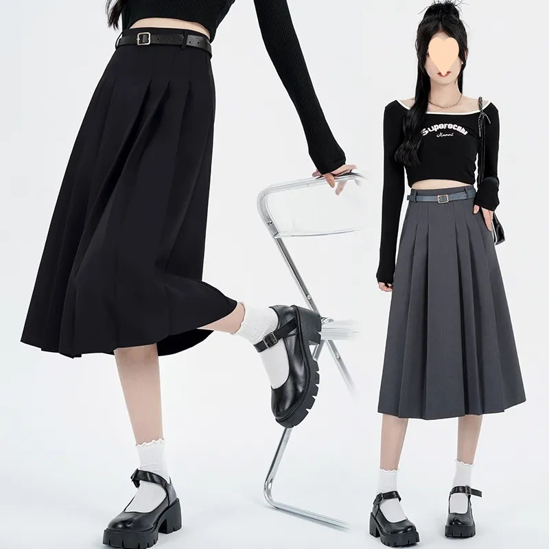 Gray suit skirt for women mid-length spring and autumn simple high waist slim temperament casual small pleated skirt