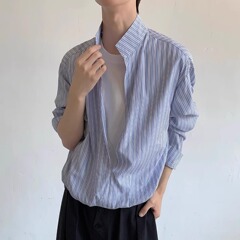 新款韩版修身条纹长袖衬衫男商务休闲复古方领宽松大码男士衬衣潮