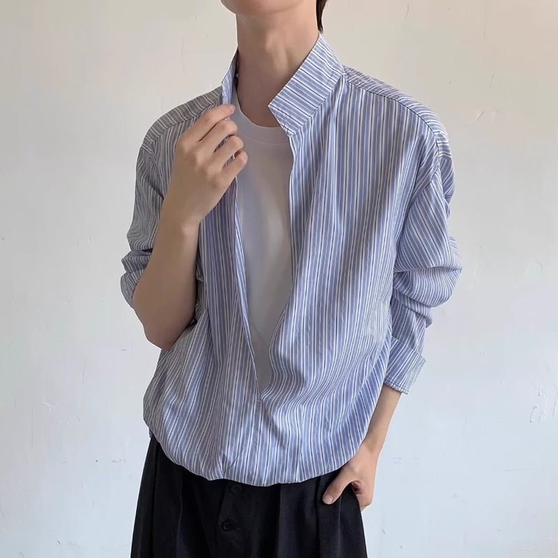新款韩版修身条纹长袖衬衫男商务休闲复古方领宽松大码男士衬衣潮|undefined