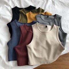春夏の短いタイプの臍のベストの底のシャツの女性の腰が高くてやせている弾力の半袖のtシャツの女性の中で袖なしの上着の女性を着ます。