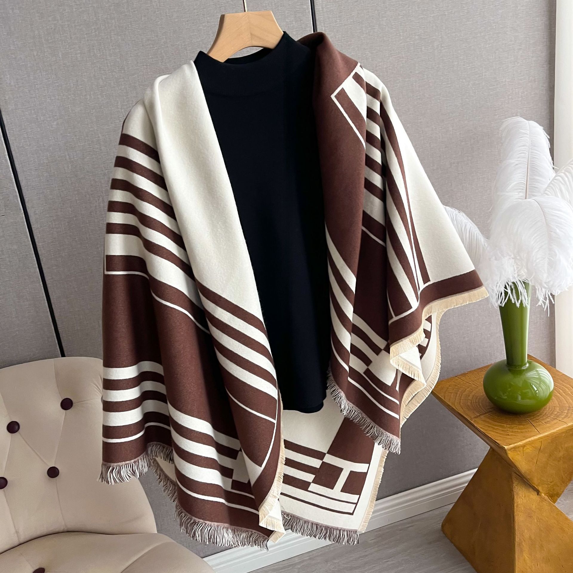2023 Striped Double sided Imitation Cashmere Scarf for Women's Air Conditioning Shawl with Outer Cape Dual purpose Warm_voghion.com
