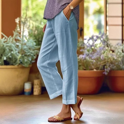 eBaywish Spring New Solid Color Cotton Linen Stretch Waist Loose Casual Wide Leg Pants for Women